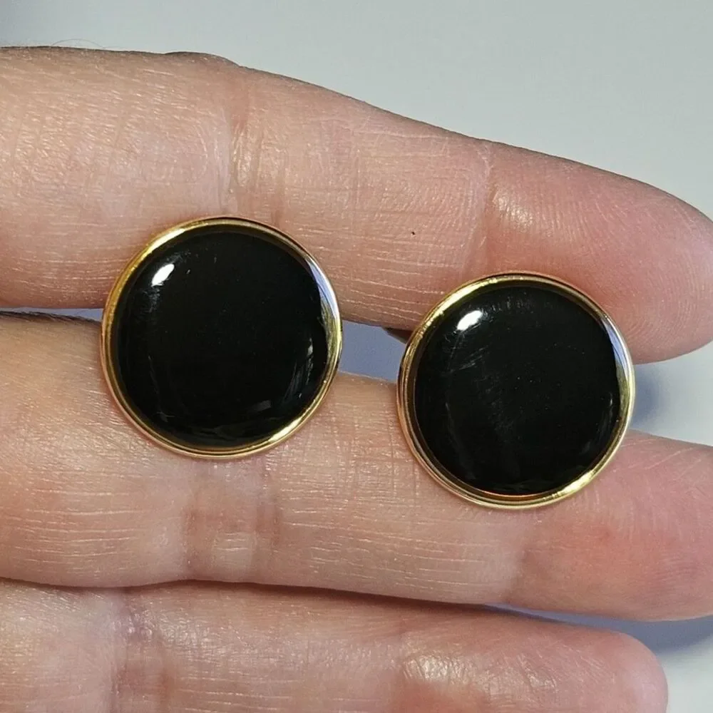 Black Enamel Gold Tone Cufflinks Mens Round Button Lightweight 3/4 Inch Vintage